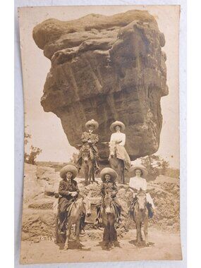 Antique Real Photo Postcard RPPC Family Donkey Balanced Rock Garden Of The Gods
